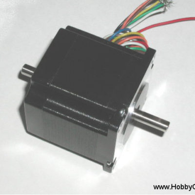 HobbyCNC 23-130-DS8 185 oz-in bipolar rating, 130 oz-in unipolar rating. 2.6v, 2.1A, 200 S/R, 2.1mH, Size #23, Dual Shaft, 8 wire