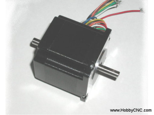 HobbyCNC 23-130-DS8 185 oz-in bipolar rating, 130 oz-in unipolar rating. 2.6v, 2.1A, 200 S/R, 2.1mH, Size #23, Dual Shaft, 8 wire